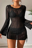 Hollow Out Bell Sleeve Drawstring Knit Cover Up Dress - Trendsi - Flyclothing LLC