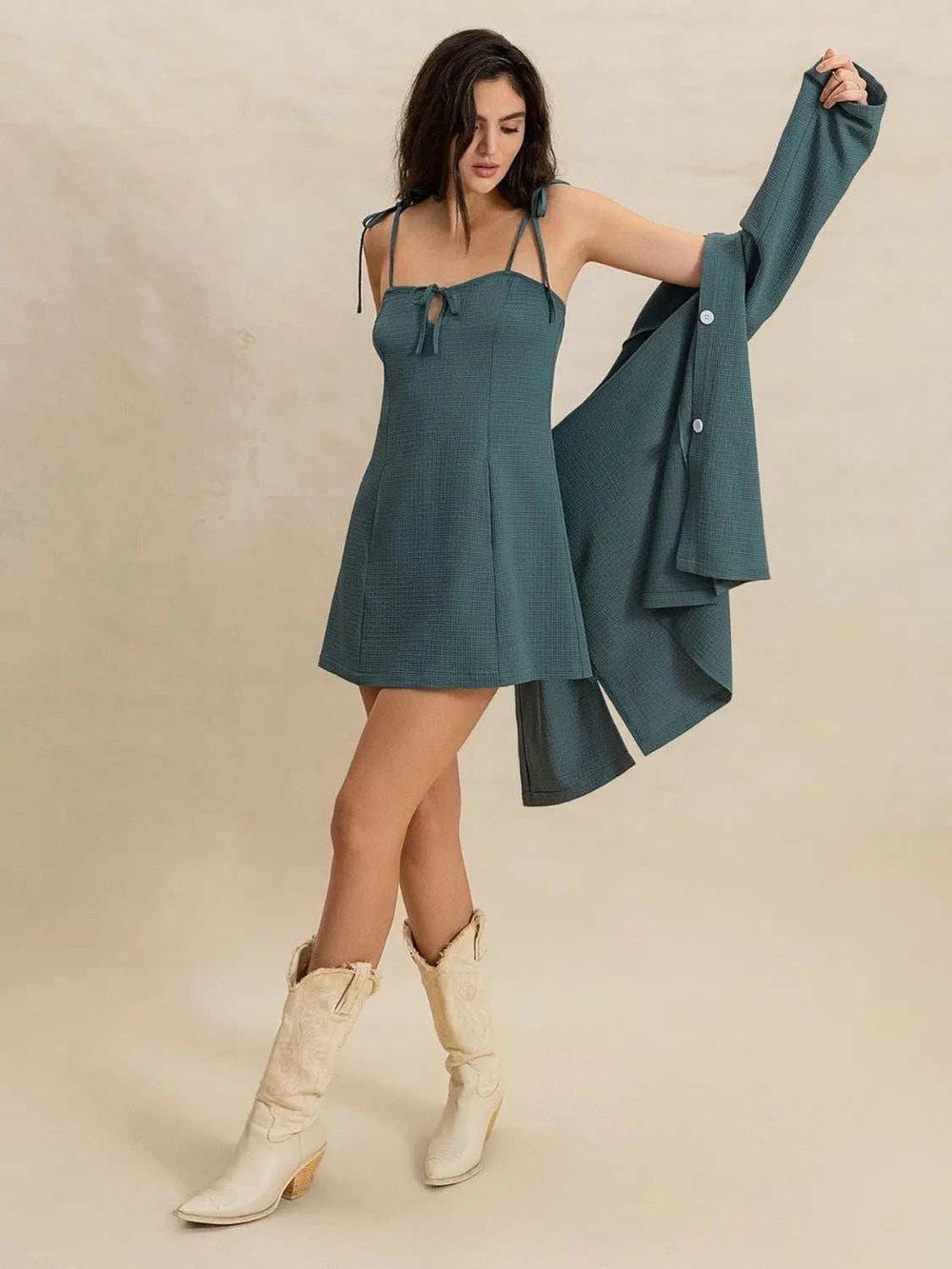 Tie Shoulder Mini Dress and Long Sleeve Top Set - Trendsi - Flyclothing LLC