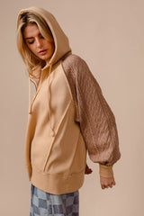 BiBi Half Zip French Terry Hoodie with Kint Sleeves - Trendsi - Flyclothing LLC