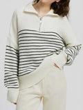 Striped Half Zip Long Sleeve Sweater - Trendsi