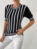 Striped Round Neck Half Sleeve Knit Top - Trendsi