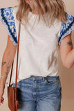 Round Neck Printed Ruffled Cap Sleeve Blouse - Trendsi