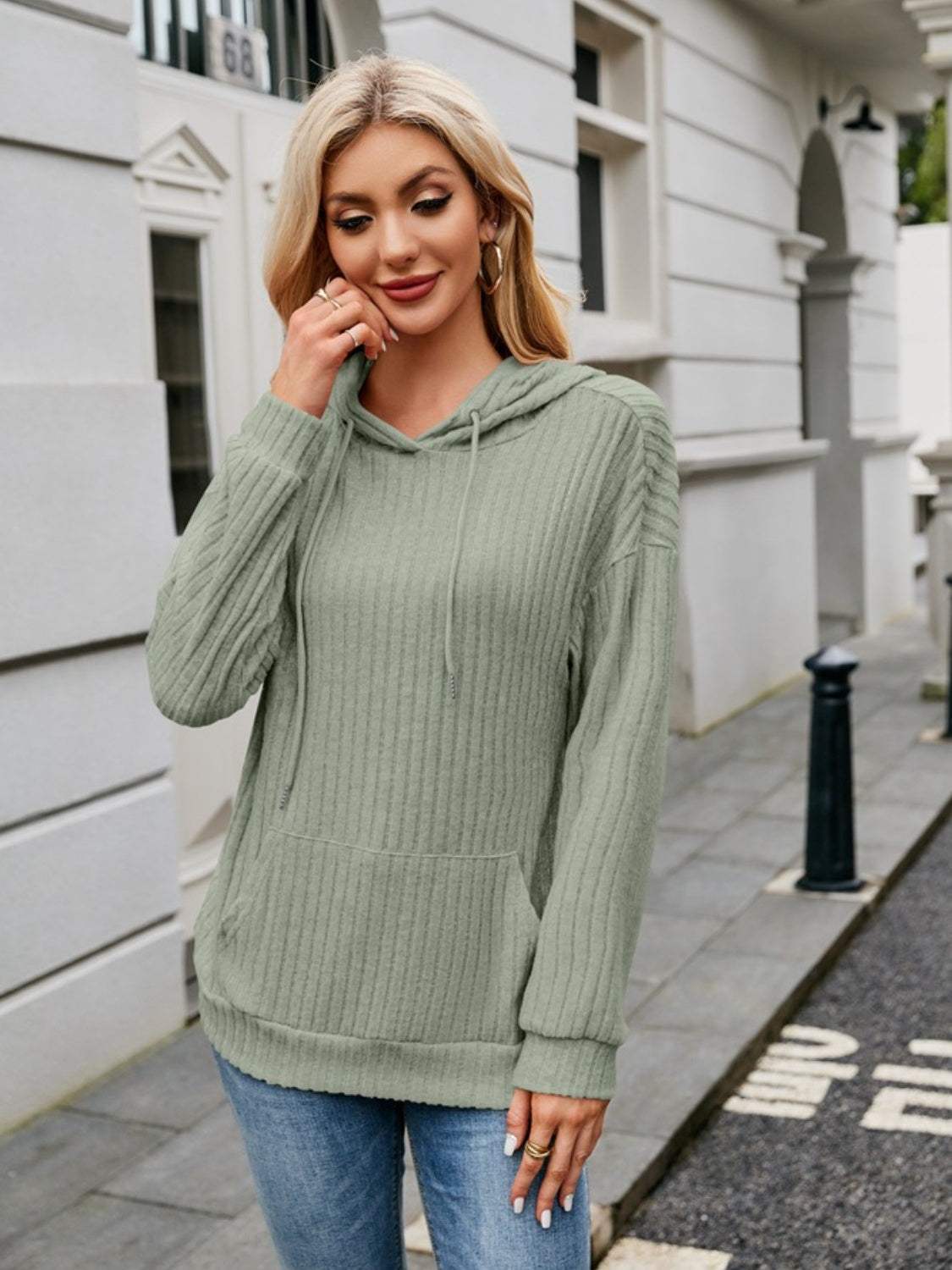 Ribbed Drawstring Long Sleeve Hoodie - Trendsi - Flyclothing LLC
