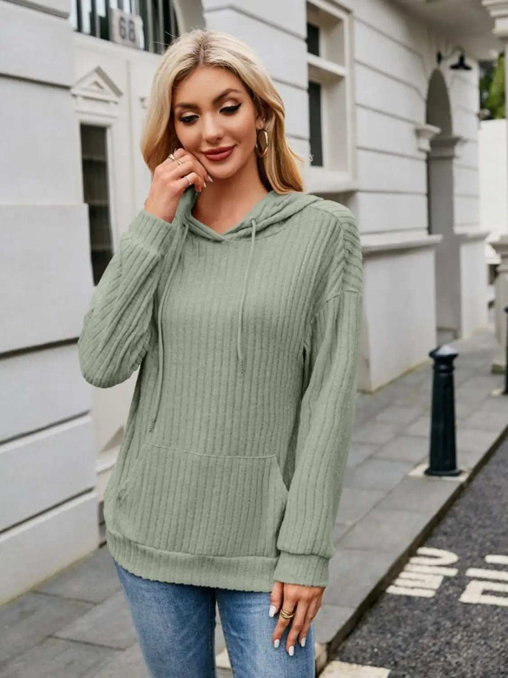 Ribbed Drawstring Long Sleeve Hoodie - Trendsi - Flyclothing LLC