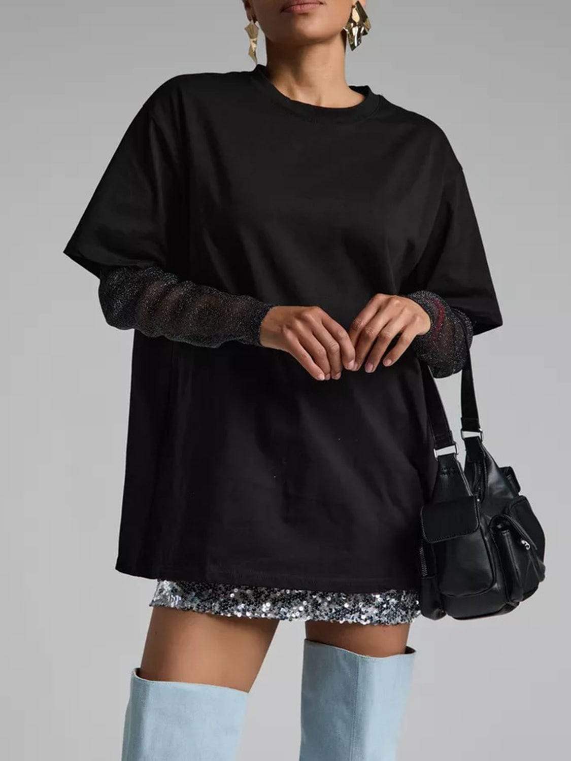 Faux Layered Round Neck Mesh Sleeve Top - Trendsi - Flyclothing LLC