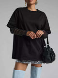 Faux Layered Round Neck Mesh Sleeve Top - Trendsi - Flyclothing LLC