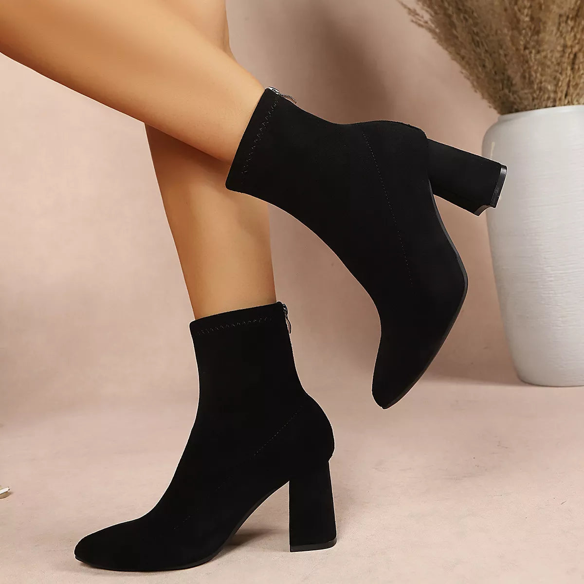 Point Toe Block Heel Ankle Boots - Trendsi - Flyclothing LLC