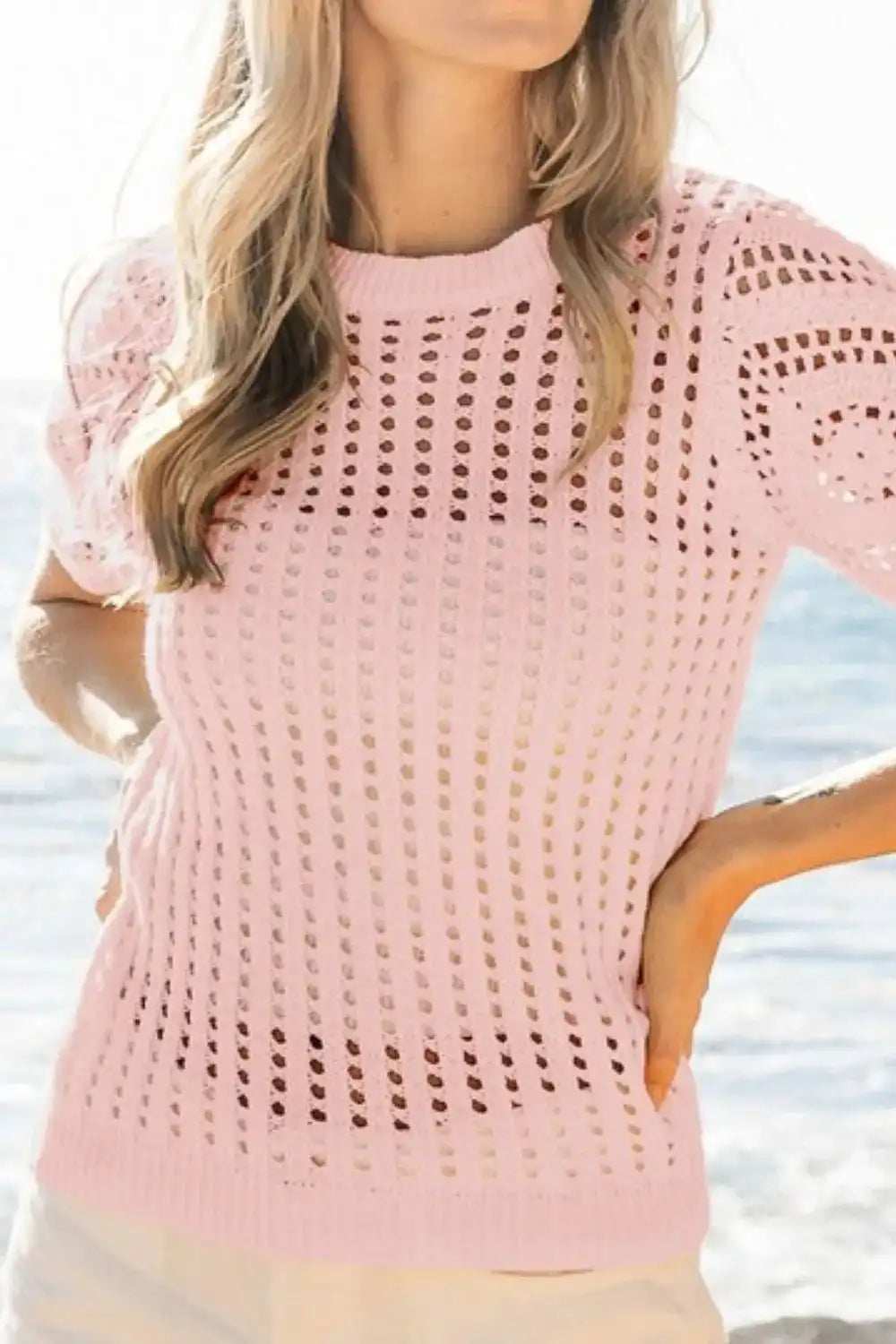 BiBi Crochet Knit Cover Up With Puff Sleeves - Trendsi - Flyclothing LLC