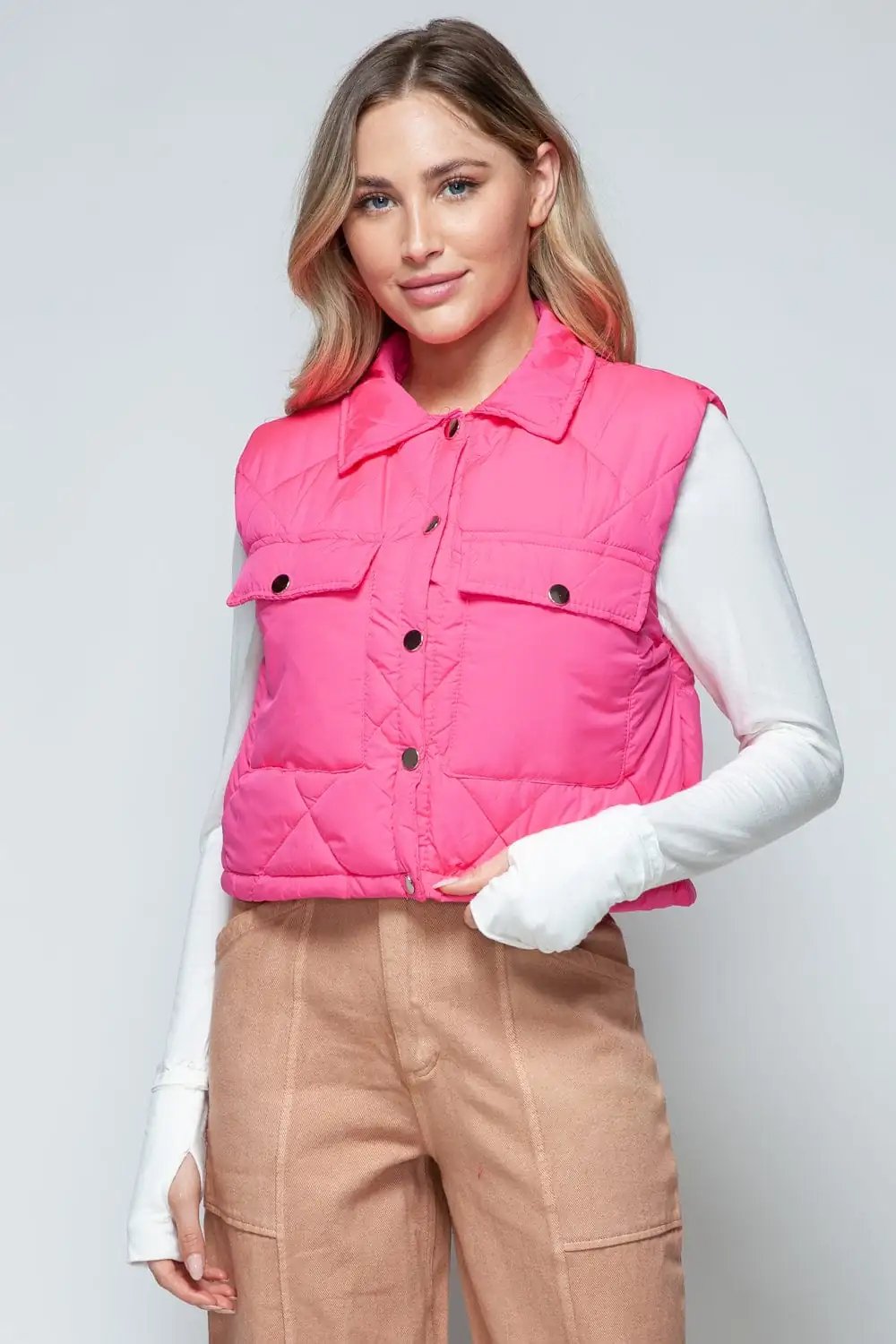 Snobbish Snap Down Quilted Crop Vest - Trendsi