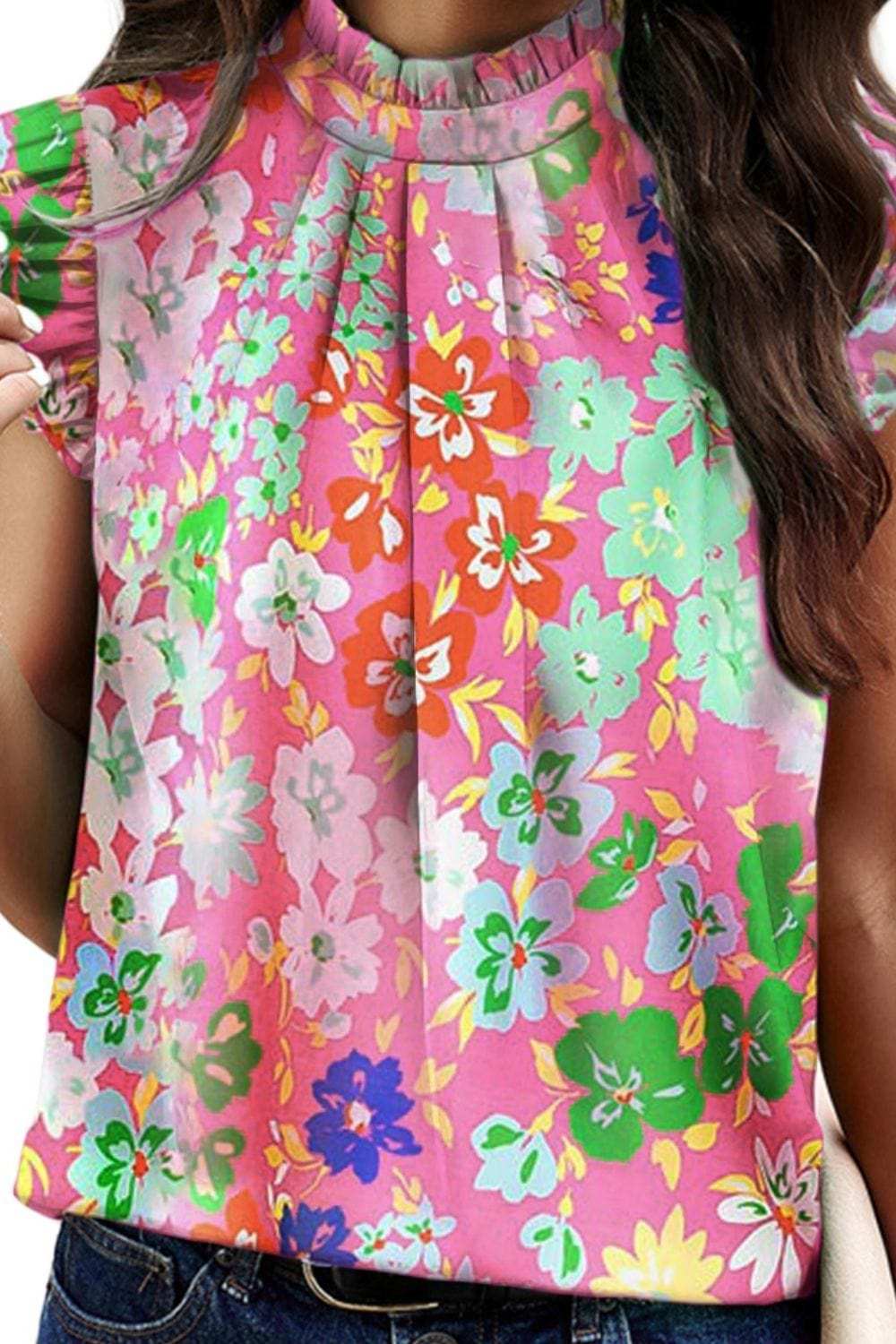 Ruffled Printed Mock Neck Cap Sleeve Blouse - Trendsi - Flyclothing LLC