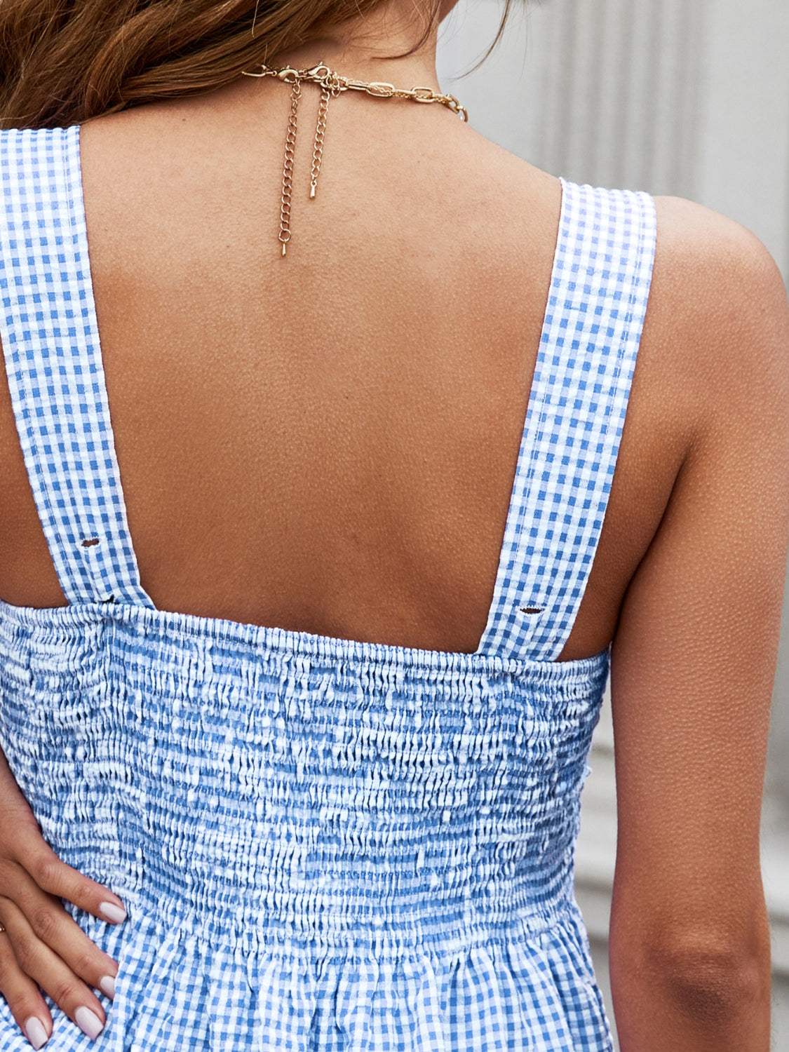 Smocked Plaid Square Neck Tank - Trendsi - Flyclothing LLC