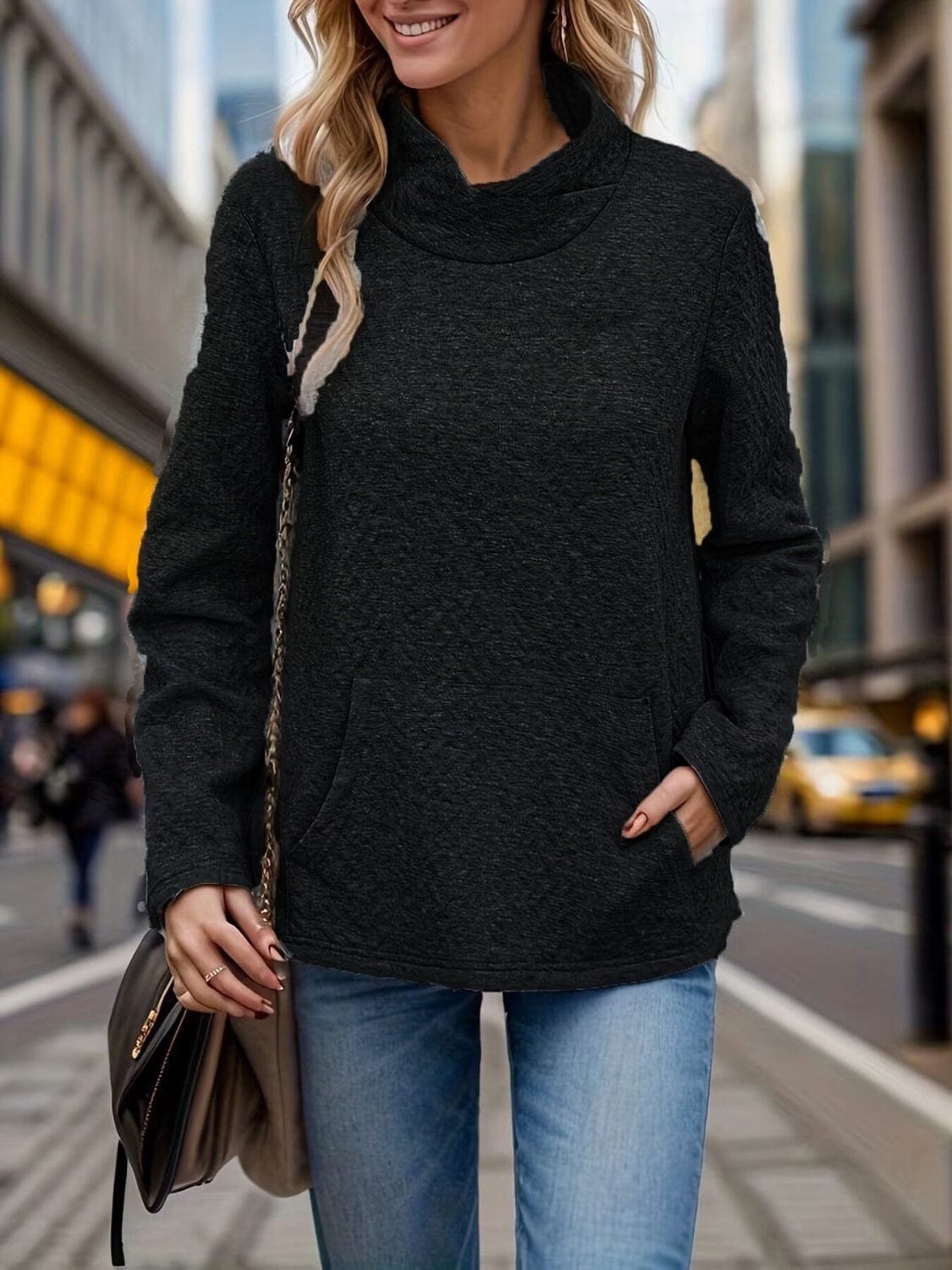 Pocketed Turtleneck Long Sleeve Sweatshirt - Trendsi