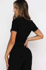 Round Neck Short Sleeve Top and Pants Set - Trendsi - Flyclothing LLC