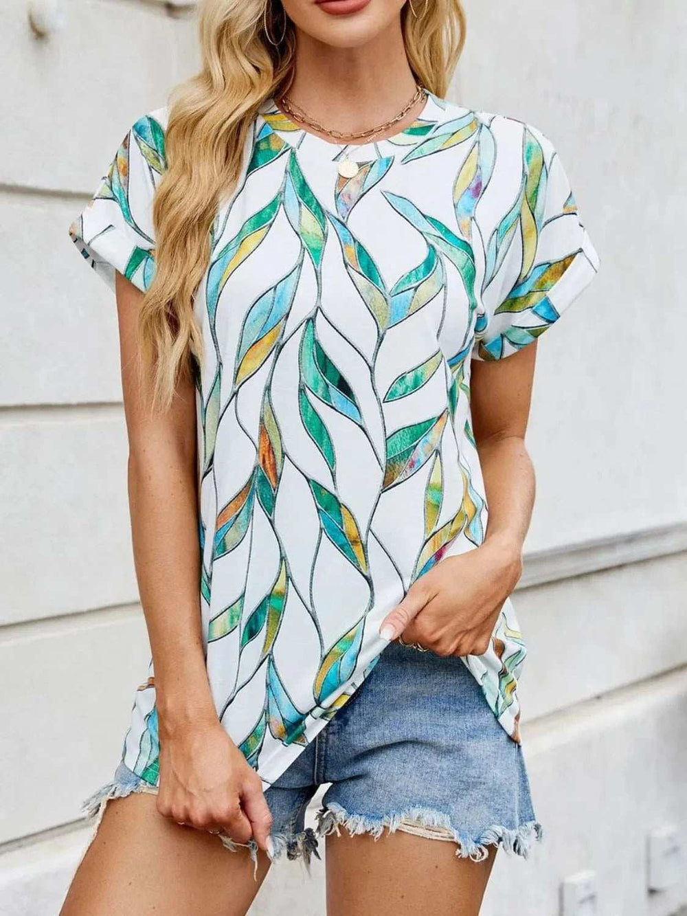 Printed Round Neck Short Sleeve Top - Trendsi - Flyclothing LLC