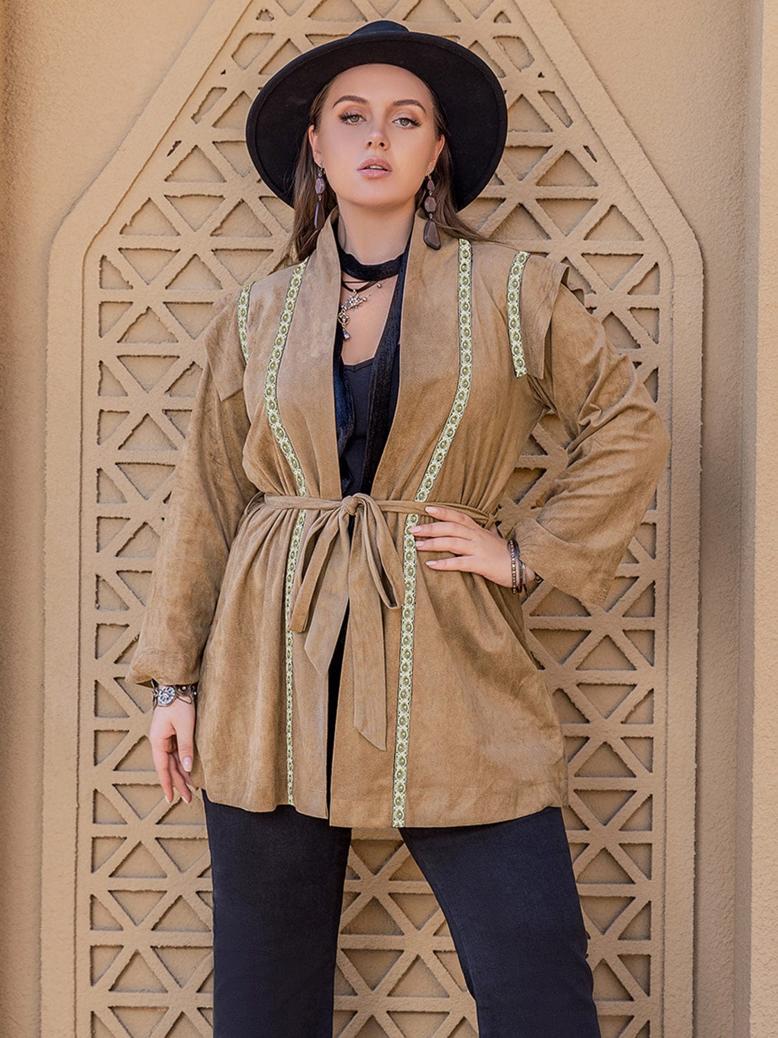 Plus Size Long Sleeve Tie Waist Cardigan - Trendsi