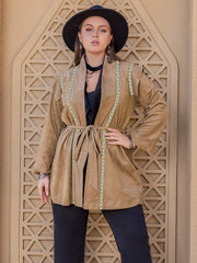 Plus Size Long Sleeve Tie Waist Cardigan - Trendsi