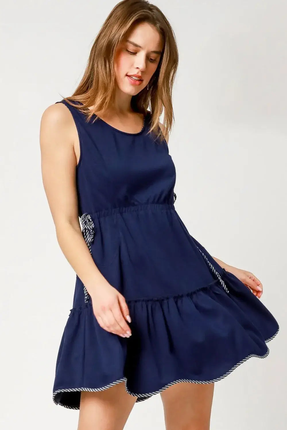 Umgee Frill Drawstring Waist Round Neck Mini Tank Dress - Trendsi - Flyclothing LLC