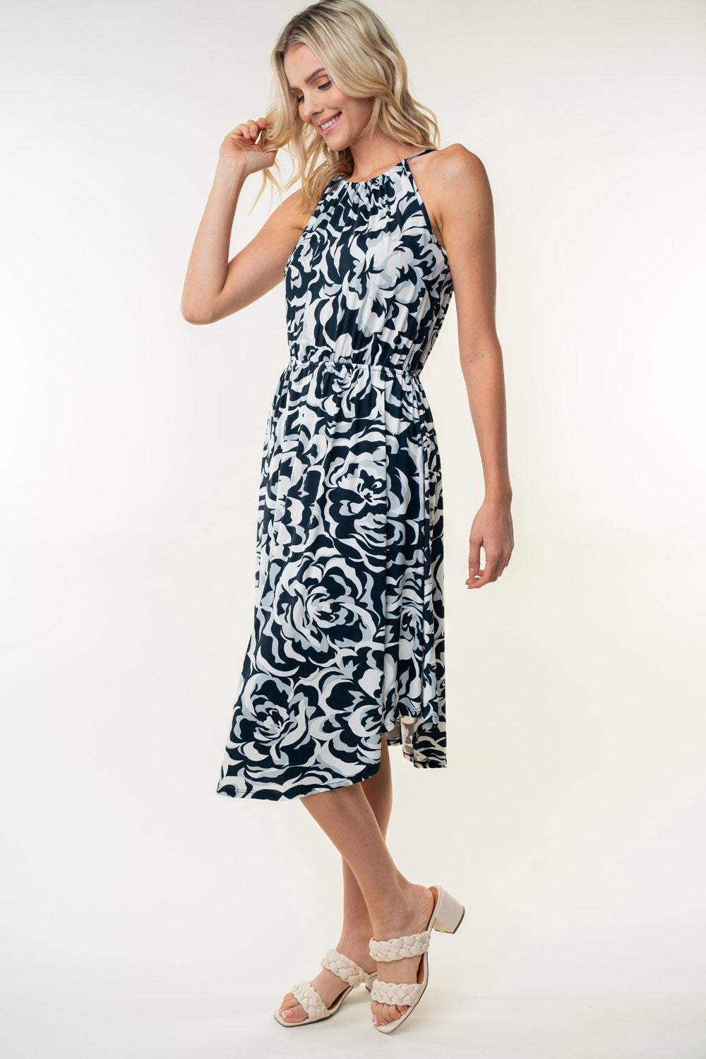White Birch Tied Ruched Floral Sleeveless Knee Length Dress - Trendsi - Flyclothing LLC