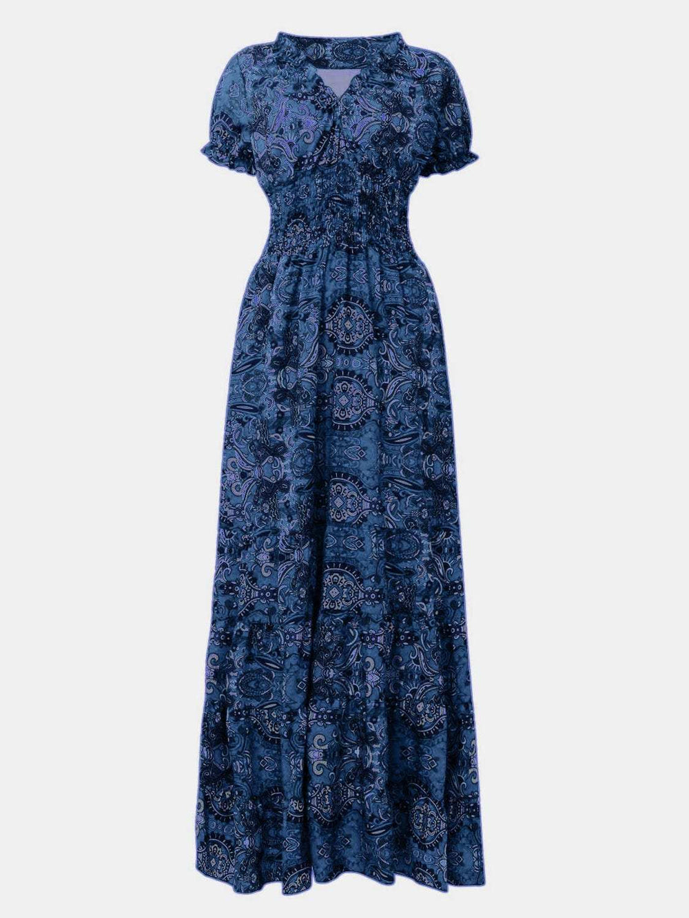 Full Size Smocked Printed V-Neck Short Sleeve Dress - Trendsi - Flyclothing LLC