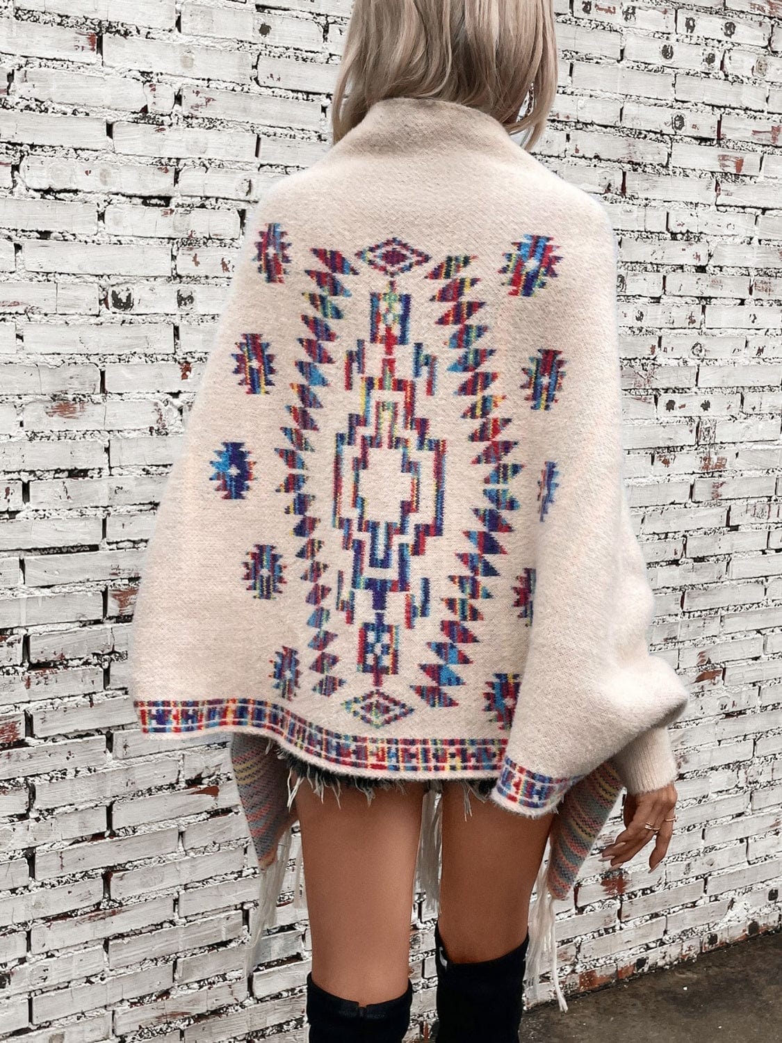 Fringe Geometric Open Front Long Sleeve Cape - Trendsi