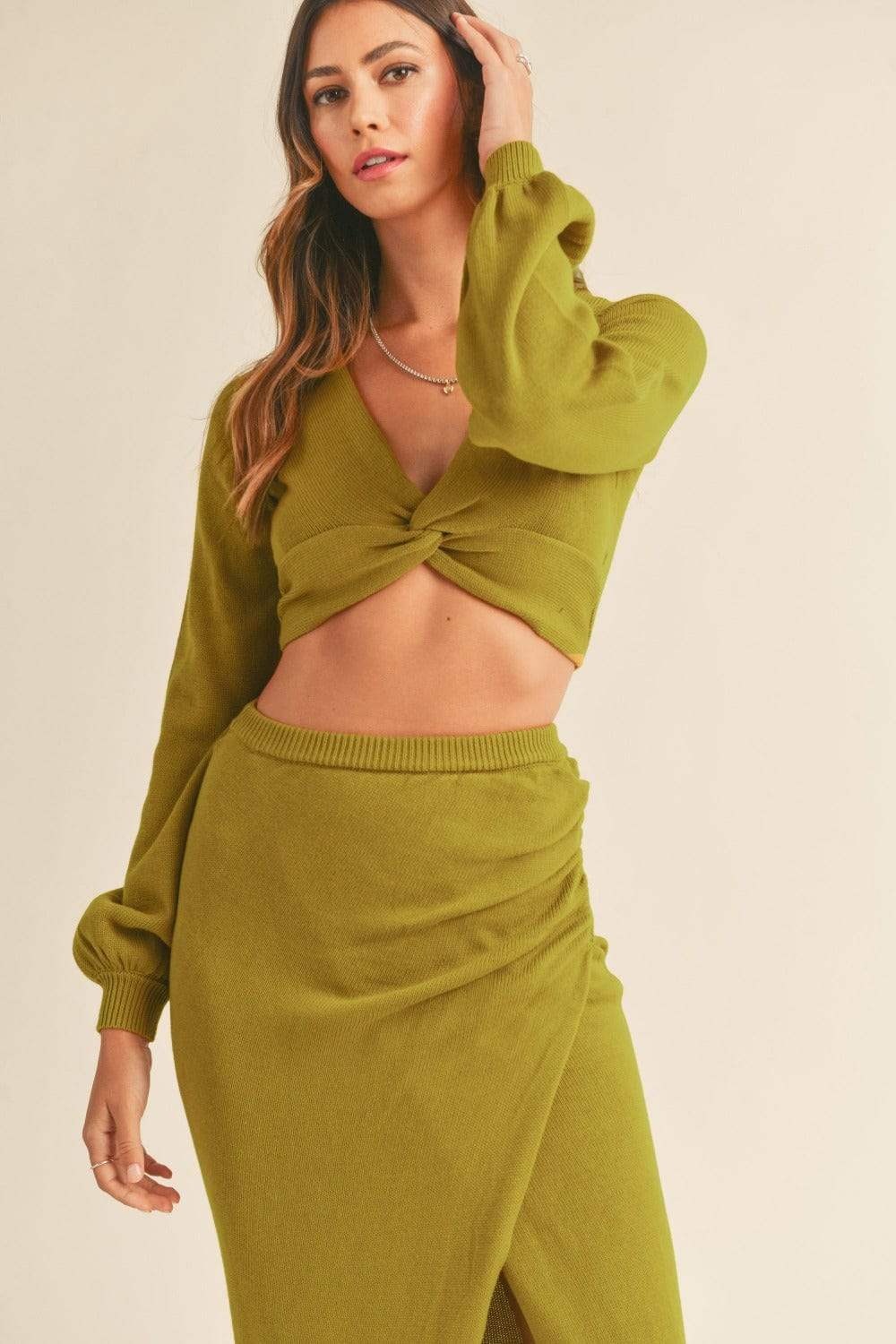 MABLE Front Twisted Knit Top and Midi Skirt Set - Trendsi - Flyclothing LLC