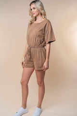 White Birch Full Size Short Sleeve Drawstring Romper - Trendsi - Flyclothing LLC