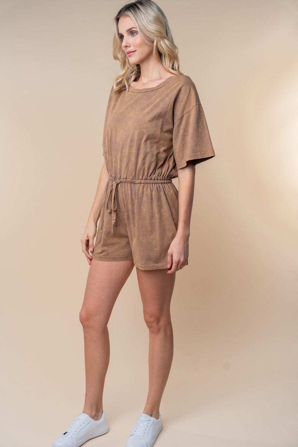 White Birch Full Size Short Sleeve Drawstring Romper - Trendsi - Flyclothing LLC