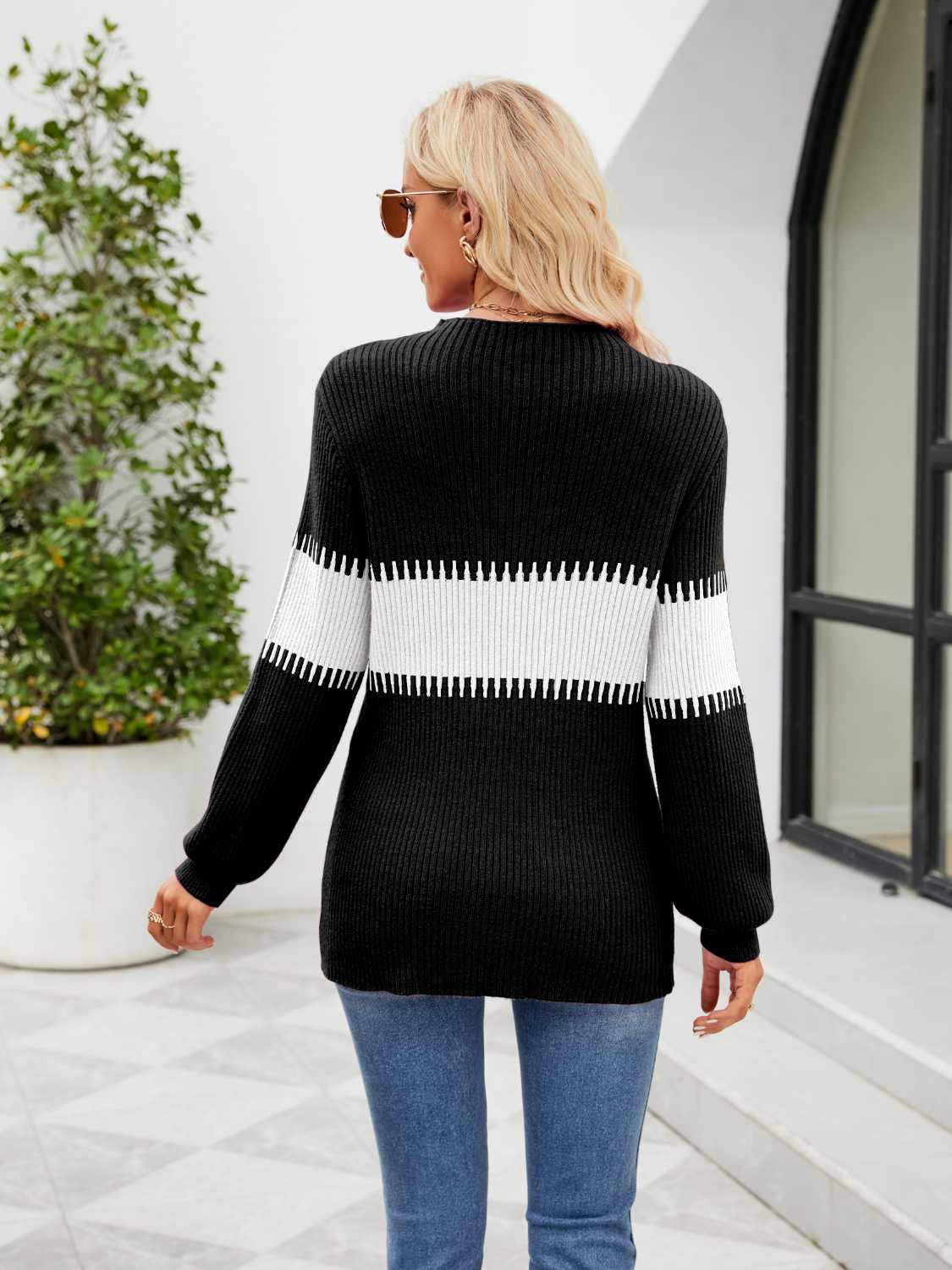 Contrast Round Neck Sweater - Trendsi - Flyclothing LLC