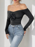Perfee Ruched Flower Off-Shoulder Long Sleeve Bodysuit - Trendsi