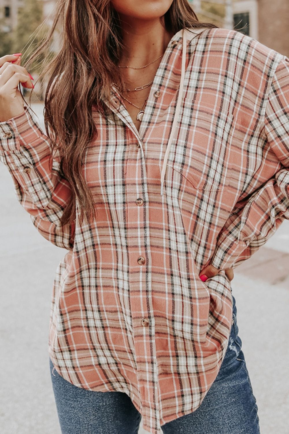 Drawstring Plaid Hooded Long Sleeve Shirt - Trendsi