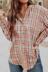 Drawstring Plaid Hooded Long Sleeve Shirt - Trendsi