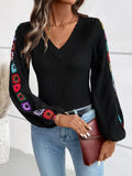 V-Neck Crochet Long Sleeve Top - Trendsi