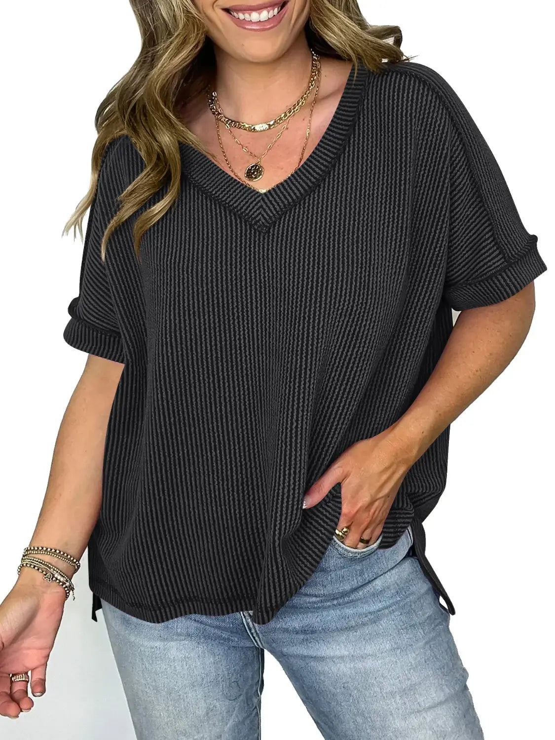 Cord Ribbed V-Neck Short Sleeve T-Shirt - Trendsi - Flyclothing LLC