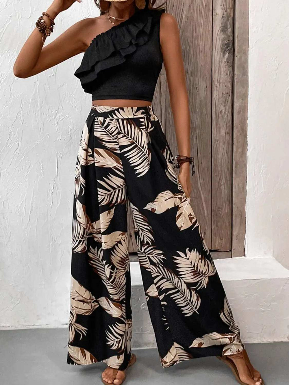 Ruffled Sleeveless Top and Printed Pants Set - Trendsi - Flyclothing LLC