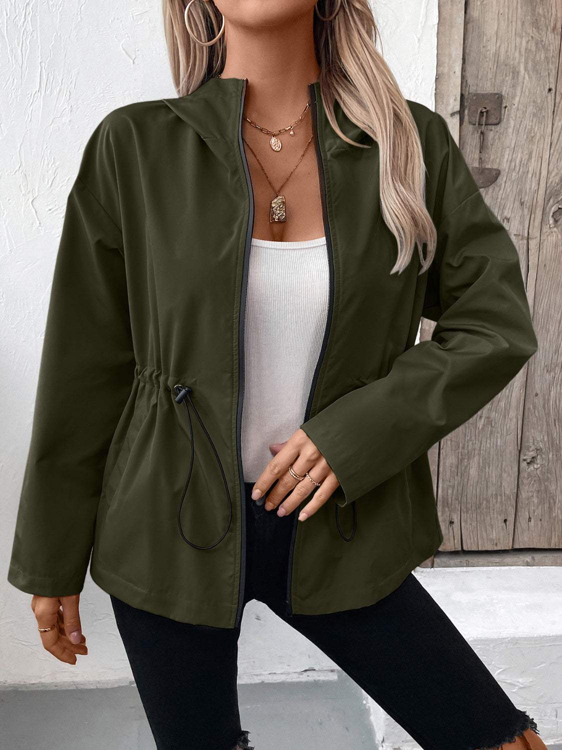 Drawstring Zip Up Hooded Jacket - Trendsi - Flyclothing LLC