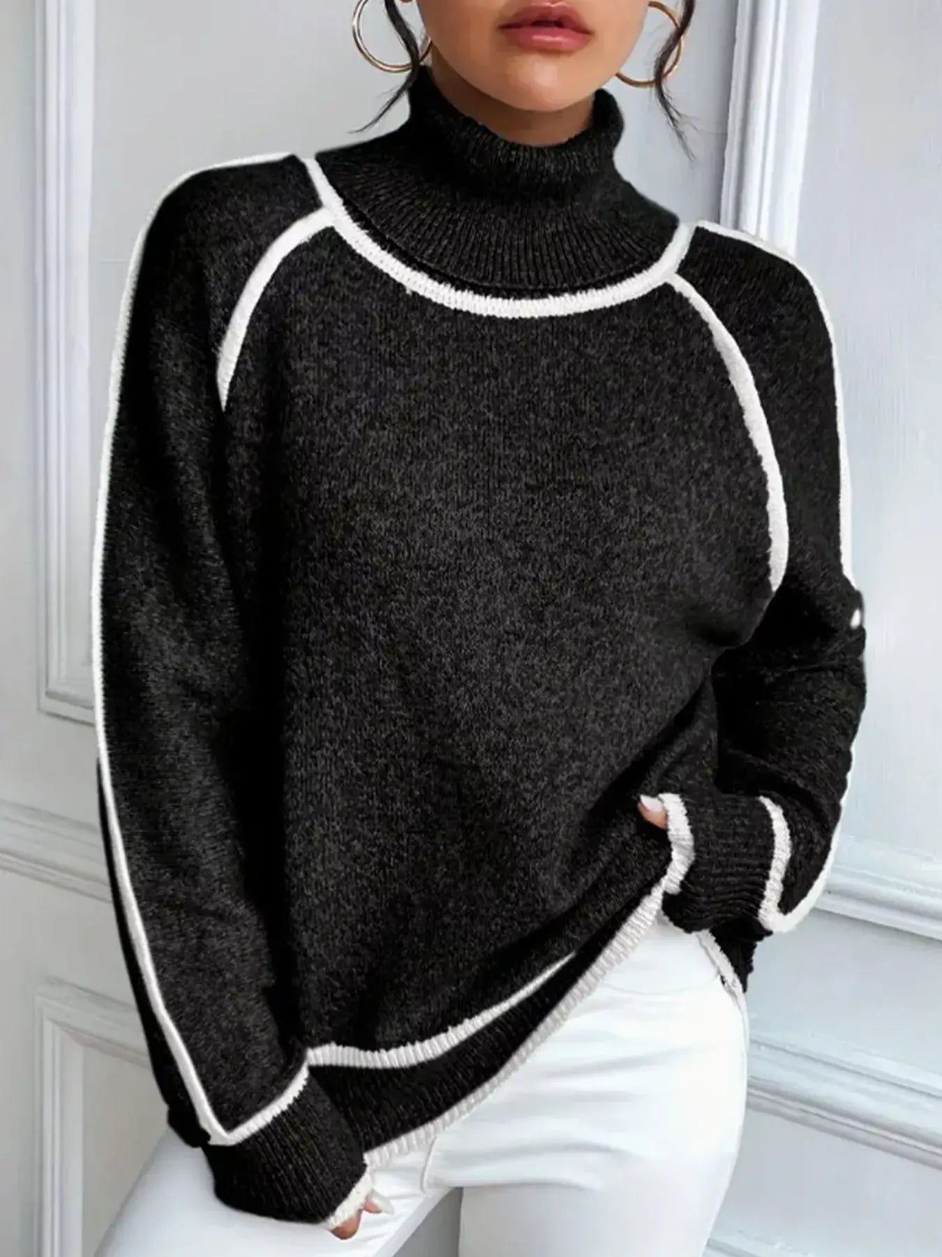 Full Size Turtleneck Contrast Trim Sweater Plus Size - Trendsi - Flyclothing LLC