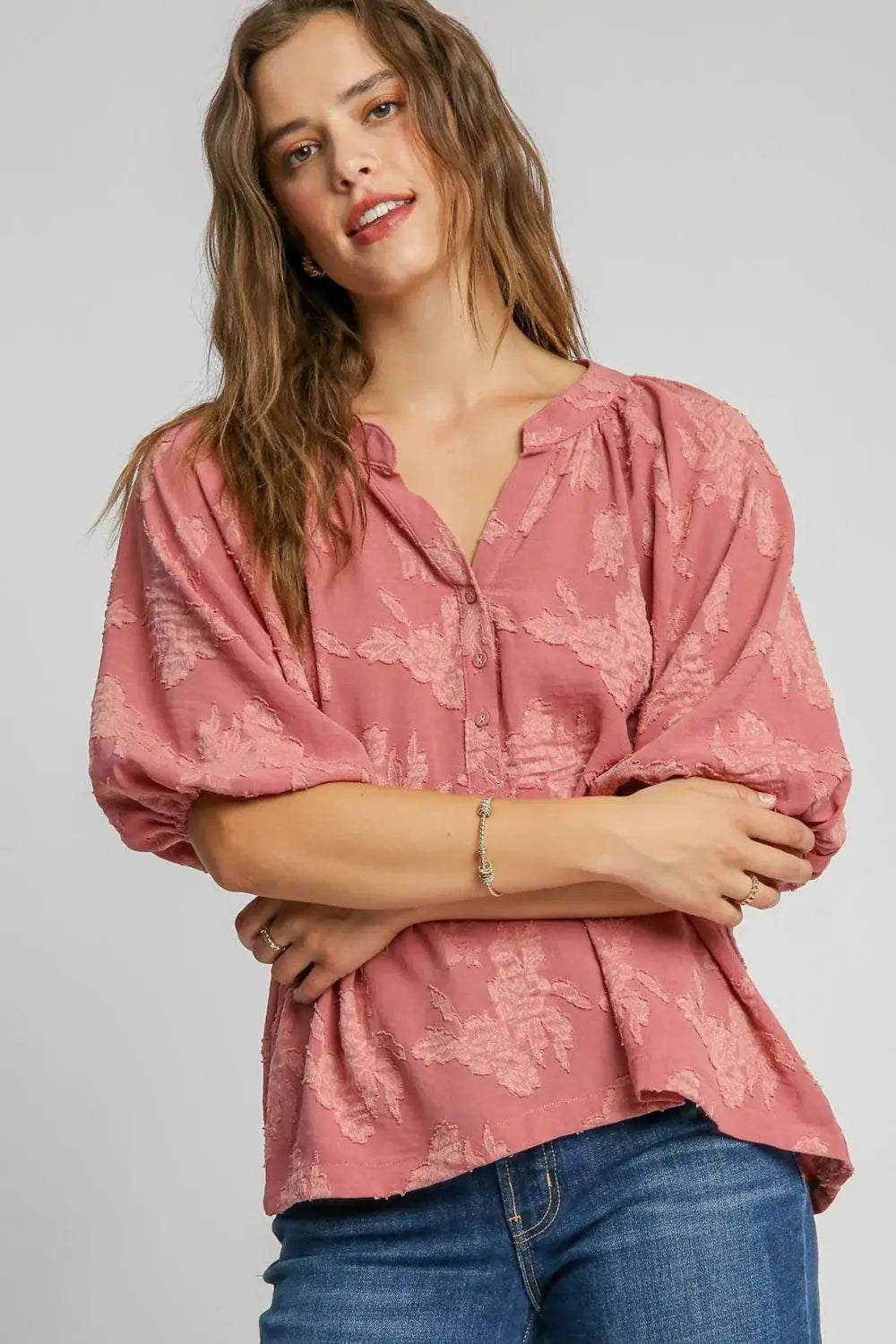 Umgee Full Size Notched Button Detail Half Sleeve Blouse Plus Size - Trendsi - Flyclothing LLC