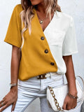 Decorative Button Surplice Short Sleeve Blouse - Trendsi - Flyclothing LLC