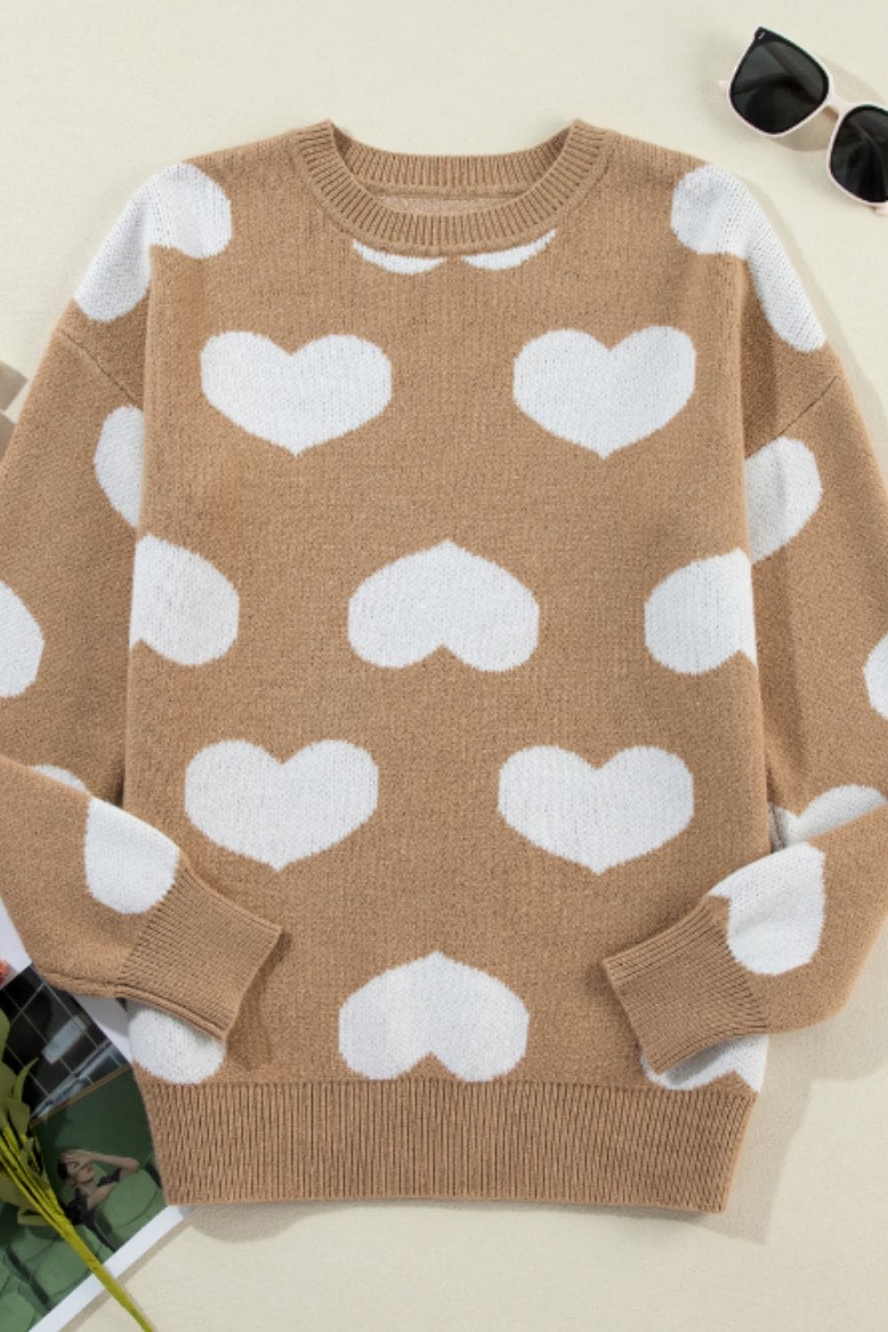 Heart Round Neck Long Sleeve Sweater - Trendsi