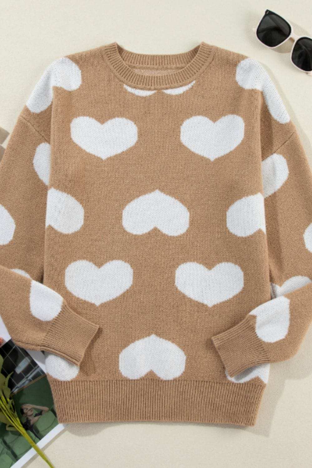 Heart Round Neck Long Sleeve Sweater - Trendsi - Flyclothing LLC