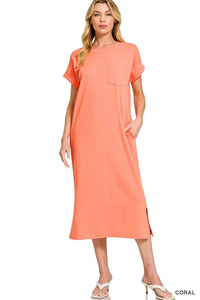 Zenana Round Neck Short Sleeve Midi Dress - Trendsi - Flyclothing LLC
