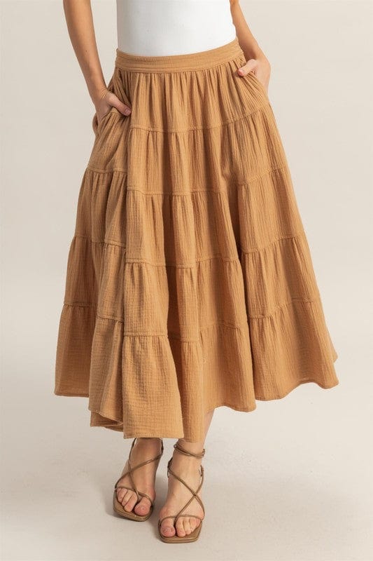 HYFVE Double Gauze Tiered Midi Skirt with Pockets - Trendsi