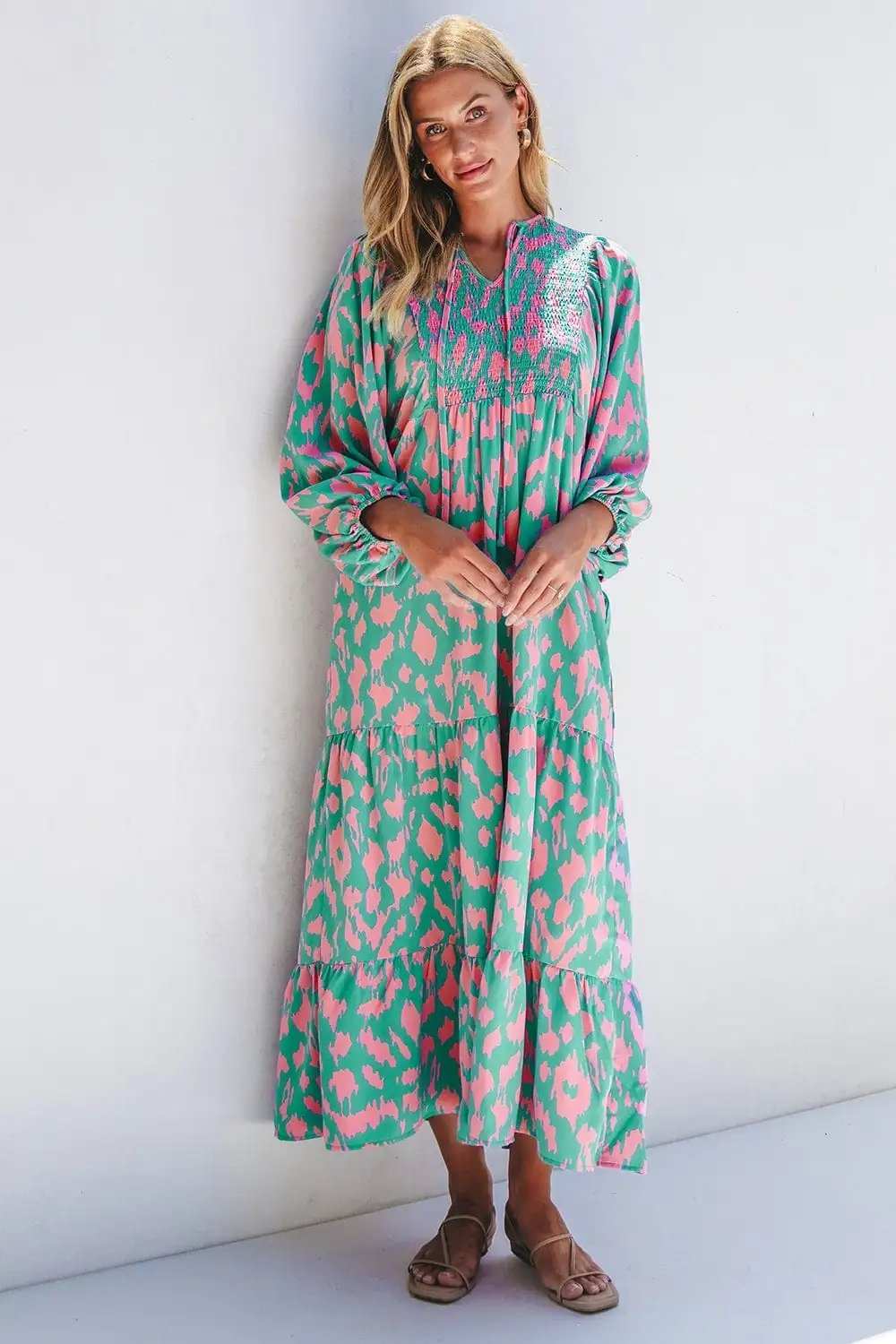 Smocked Printed Tie Neck Long Sleeve Dress - Trendsi - Flyclothing LLC
