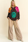 Davi & Dani Contrast Smile Round Neck Oversize Sweater - Trendsi