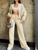 Baseball Collar Zip Up Top and Drawstring Paants Set - Trendsi - Flyclothing LLC