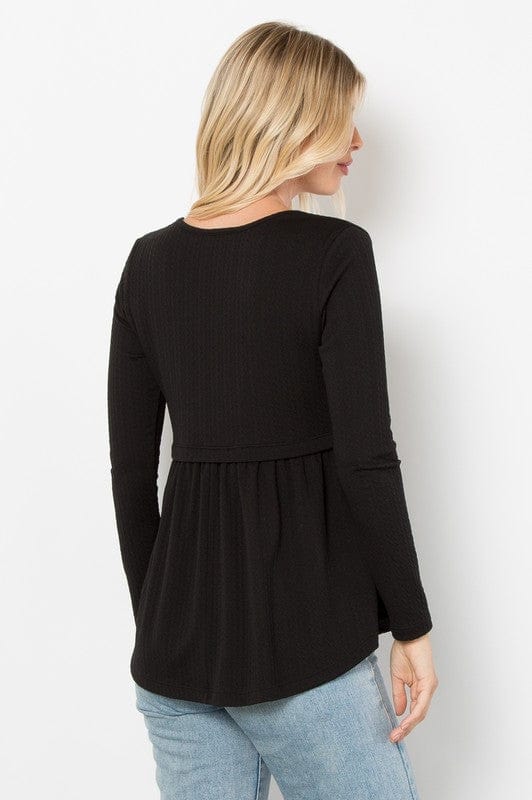 Be Stage Full Size Texture Babydoll Round Neck Long Sleeve Knit Top - Trendsi