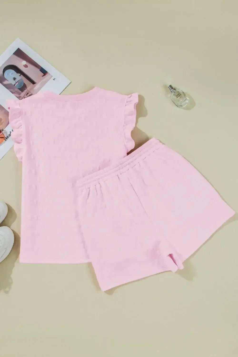 Bow Jacquard Ruffle Cap Sleeve Top and Shorts Set - Trendsi - Flyclothing LLC