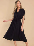 Drawstring Collared Neck Short Sleeve Midi Dress - Trendsi - Flyclothing LLC