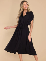 Drawstring Collared Neck Short Sleeve Midi Dress - Trendsi