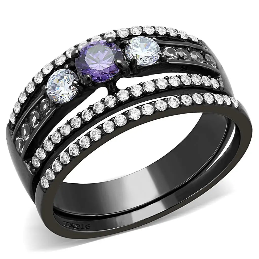 DA001 - IP Black(Ion Plating) Stainless Steel Ring with AAA Grade CZ in Amethyst - Alamode - Flyclothing LLC